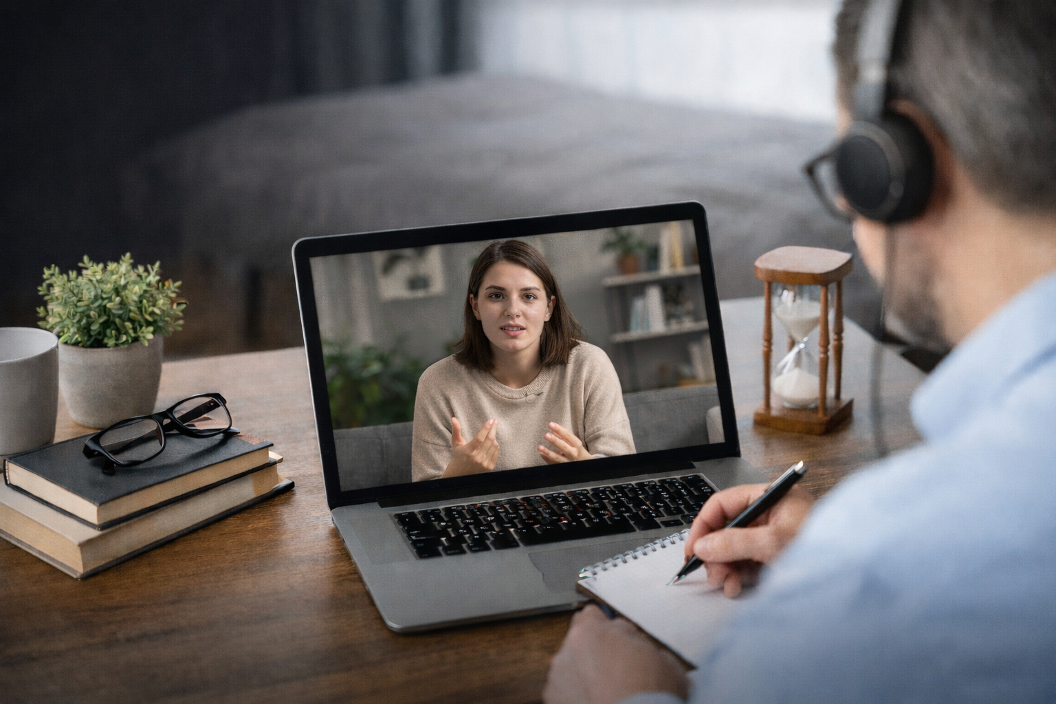 Sesión de terapia online con psicólogo por videollamada en un ordenador portátil