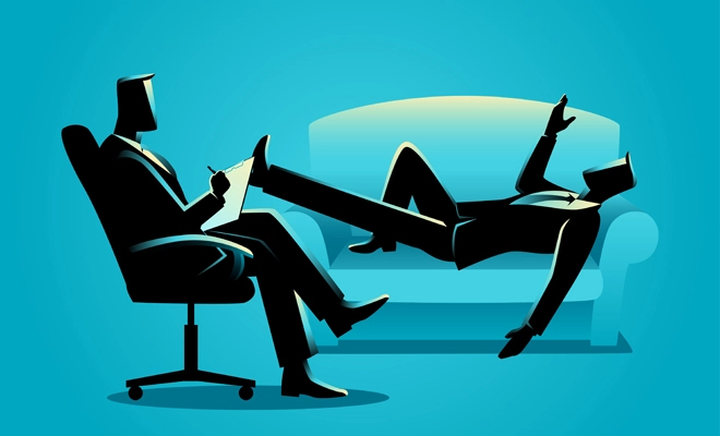 Ilustración de una sesión psicológica entre un paciente y un psicólogo en consulta